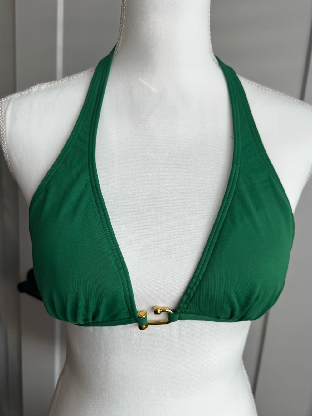 BCBGMaxAzria Emerald Halter Triangle Bikini Top with Gold Accent